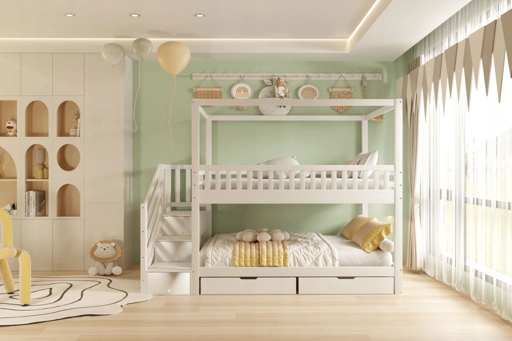 Letto a castello 90x200 - Xylo - Bianco con scala e cassetti