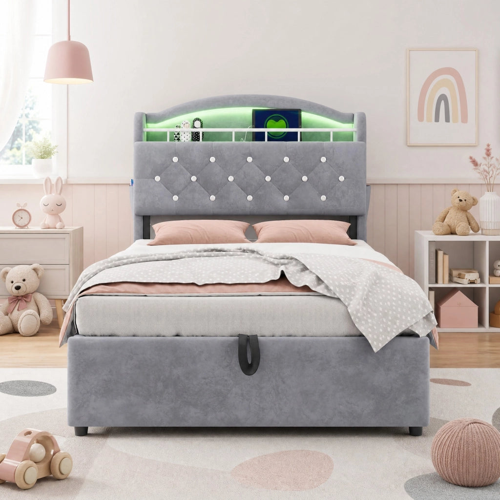 Letto imbottito per bambini 90x200 cm con LED, USB e contenitore