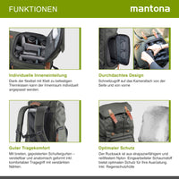 Mantona Luis Retro Zaino fotografico verde, per fotocamera con copertura antipioggia, borsa fotografica con scomparto per laptop, DSLR, 3 obiettivi e accessori fotografici