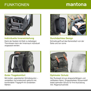 Mantona Luis Retro Zaino fotografico verde, per fotocamera con copertura antipioggia, borsa fotografica con scomparto per laptop, DSLR, 3 obiettivi e accessori fotografici