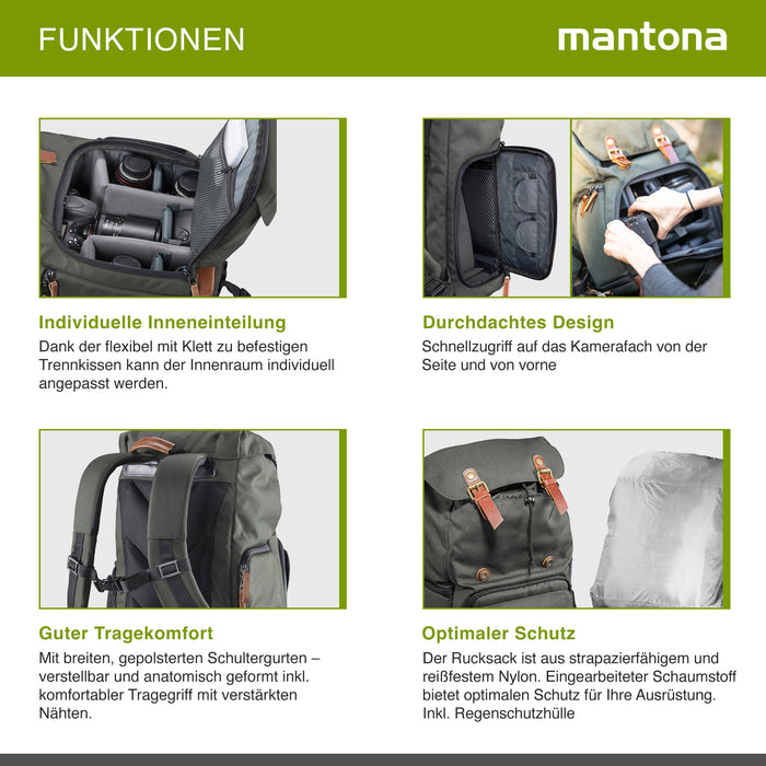Mantona Luis Retro Zaino fotografico verde, per fotocamera con copertura antipioggia, borsa fotografica con scomparto per laptop, DSLR, 3 obiettivi e accessori fotografici