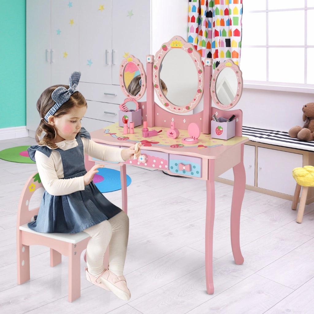 Set toeletta con specchio tripartito e 3 cassetti per bambini, Tavolo da trucco con sgabello e 2 scatole Rosa