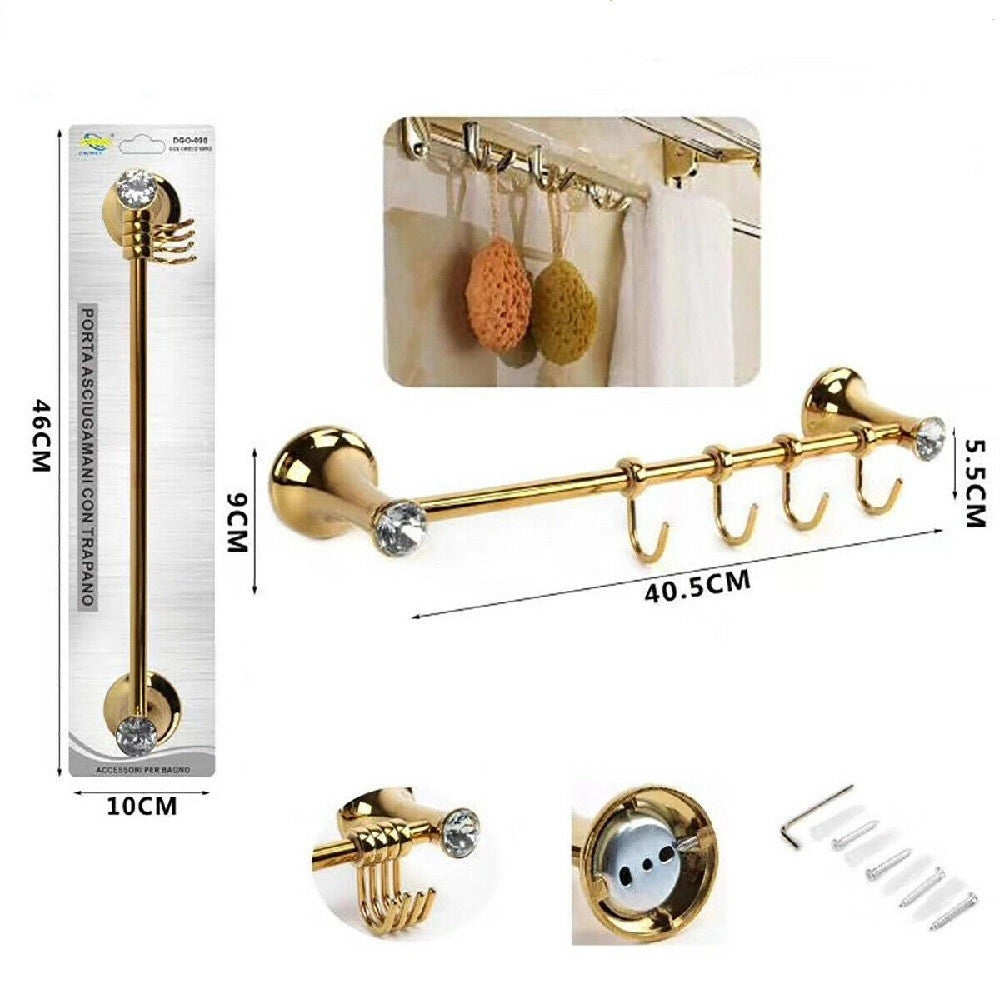 Trade Shop - Porta Asciugamani 4 Ganci Supporto Arredo Bagno Casa Cucina Dorato Oro Dgo-098 -