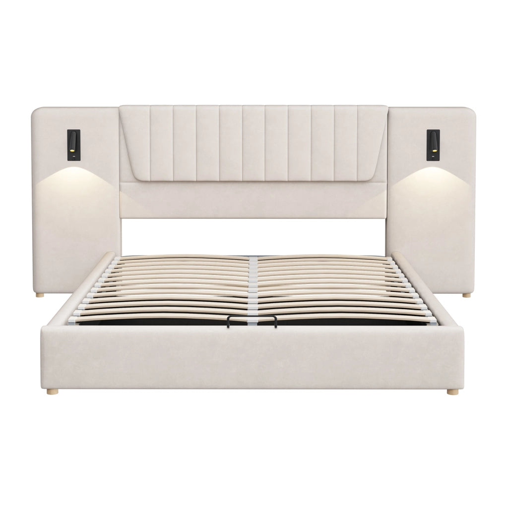 Letto matrimoniale imbottito 180x200 cm in velluto beige con testiera alta; lampade LED e USB