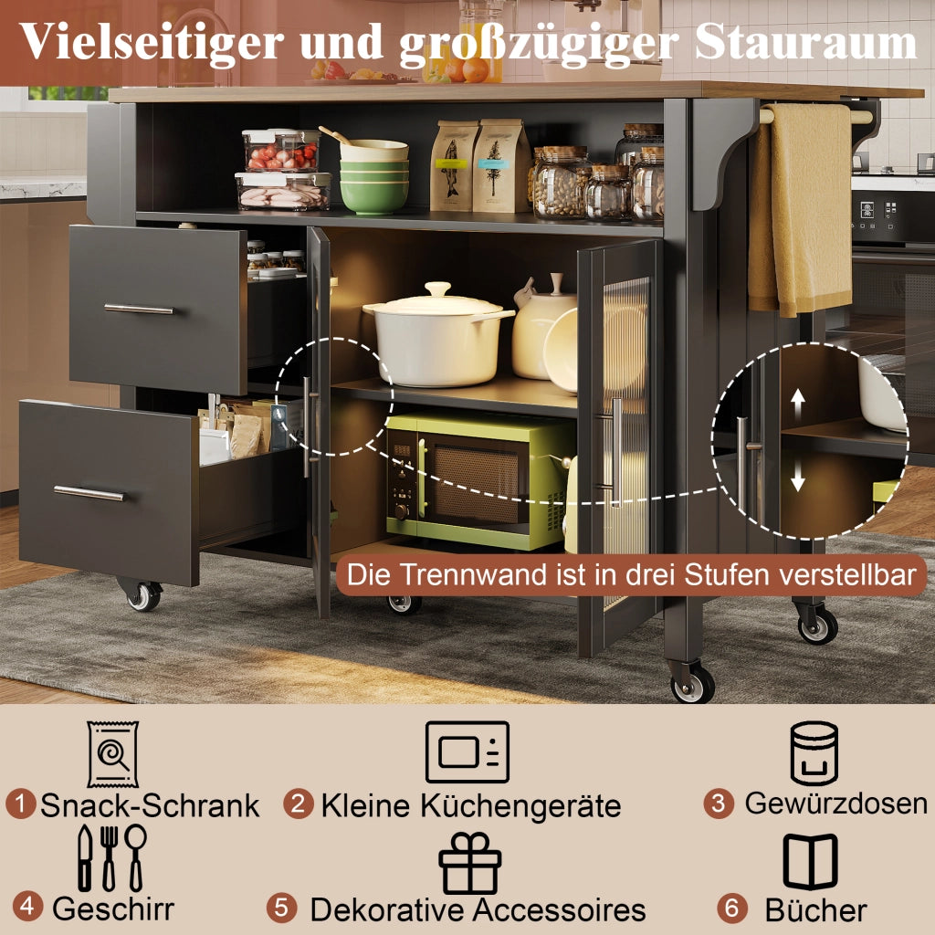 CARRELLO CUCINA 139x40x94 cm Nero MDF con LED e ruote