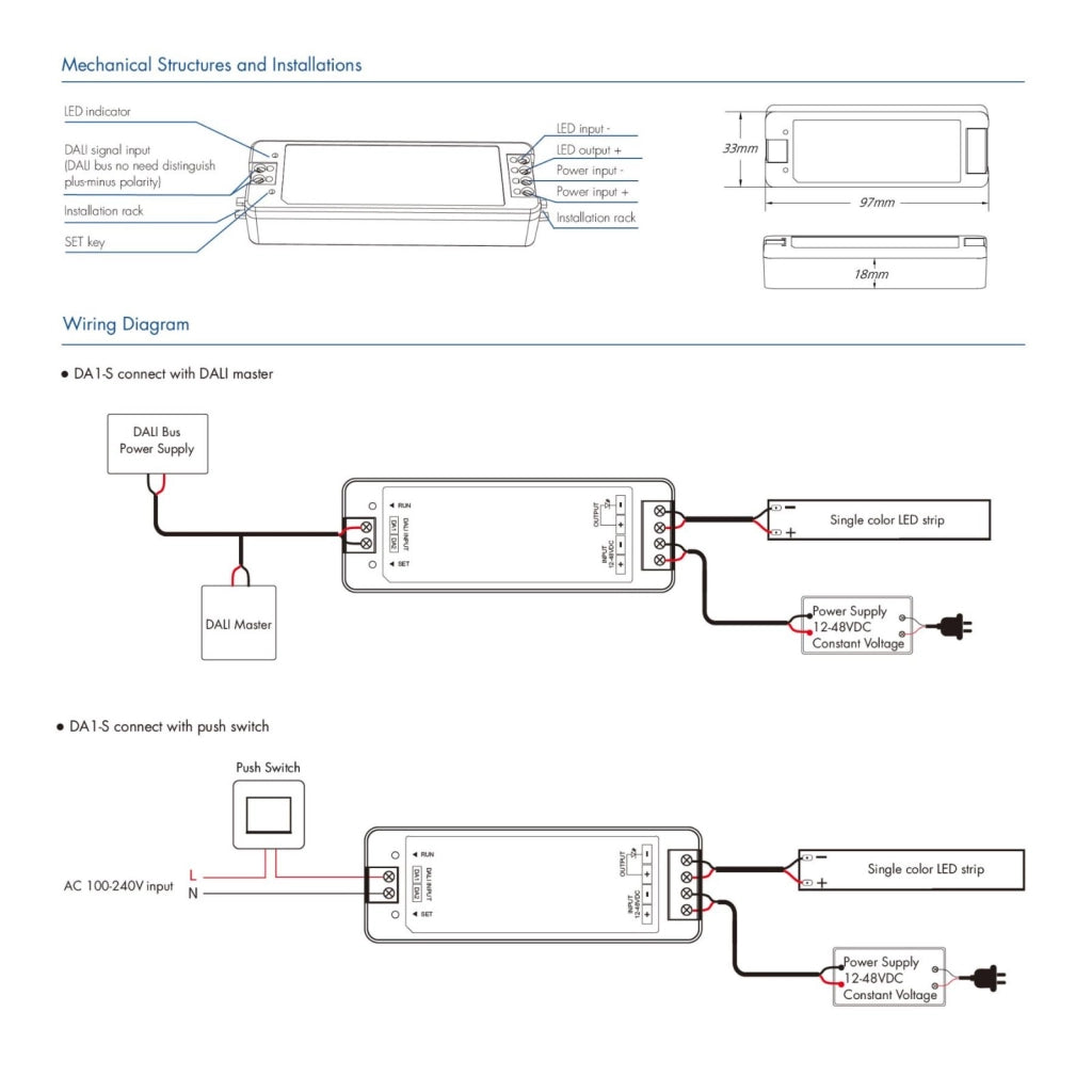 Dimmer DALI 12V 24V 36V 48V 8A, 1 Canale Tensione Costante, Push Dim, DALI-2, PWM 2KHz 8KHz 16KHz, per Strisce LED Monocolore