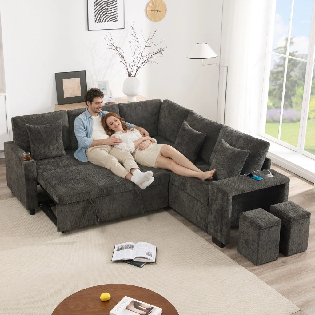 Divano angolare convertibile con funzione letto e vano contenitore, porte USB e USB-C, in ciniglia grigio 220 × 205 × 86.5 cm