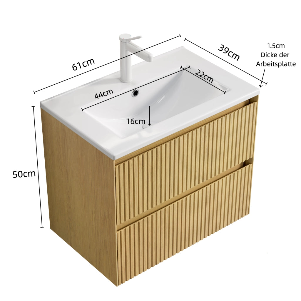 MOBILE BAGNO SOSPESO 61 cm con lavabo in ceramica Bianco e Rovere Dorato
