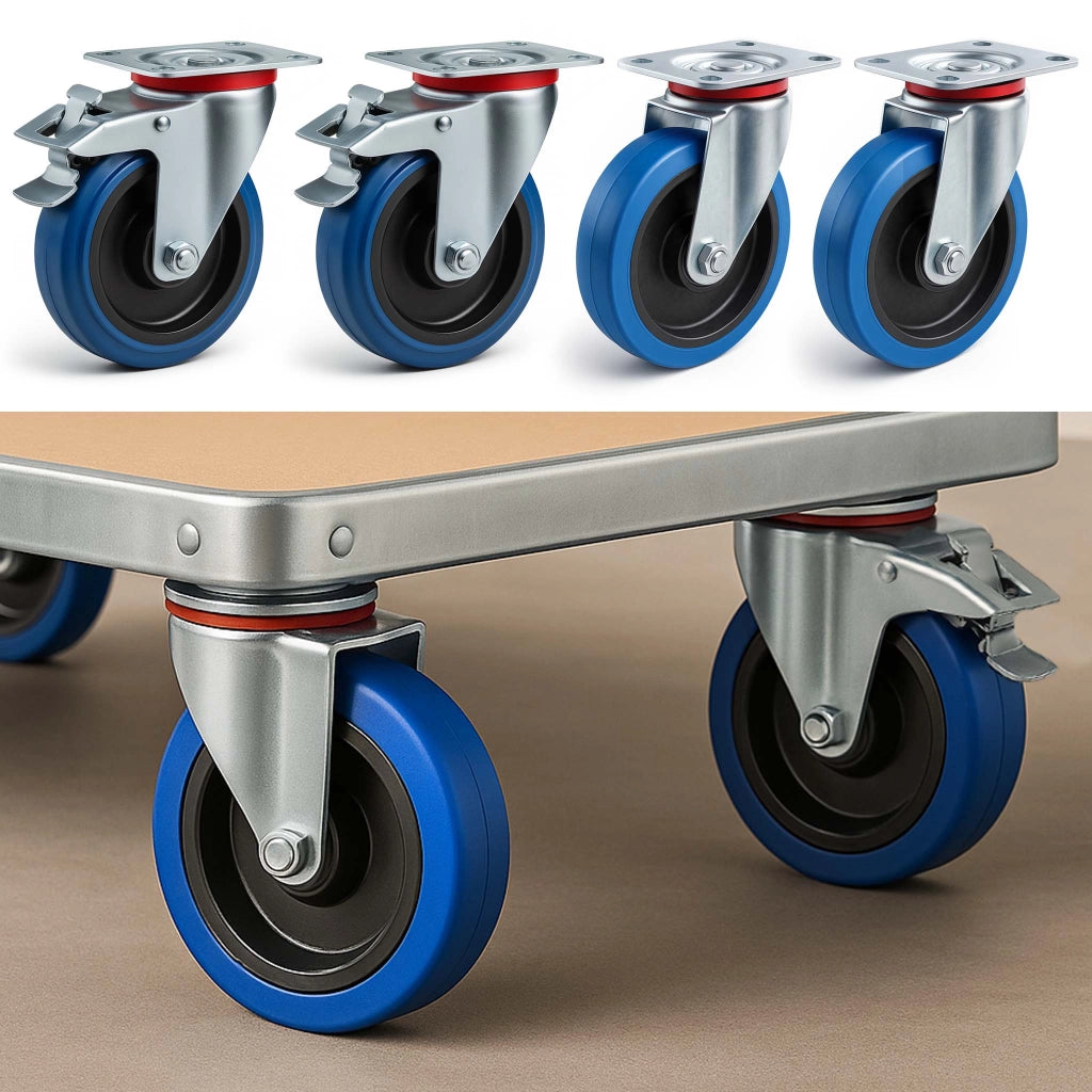 Set rotelle da trasporto 200 mm 2 ruote piroettanti con freno e 2 senza freno, 350 kg a ruota