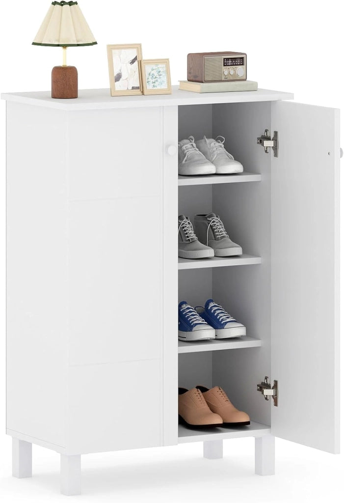 Scarpiera armadio con ante 4 ripiani rimovibili, piano superiore spazioso, base antiscivolo, mobile portaoggetti moderno per ingresso, soggiorno, bianco
