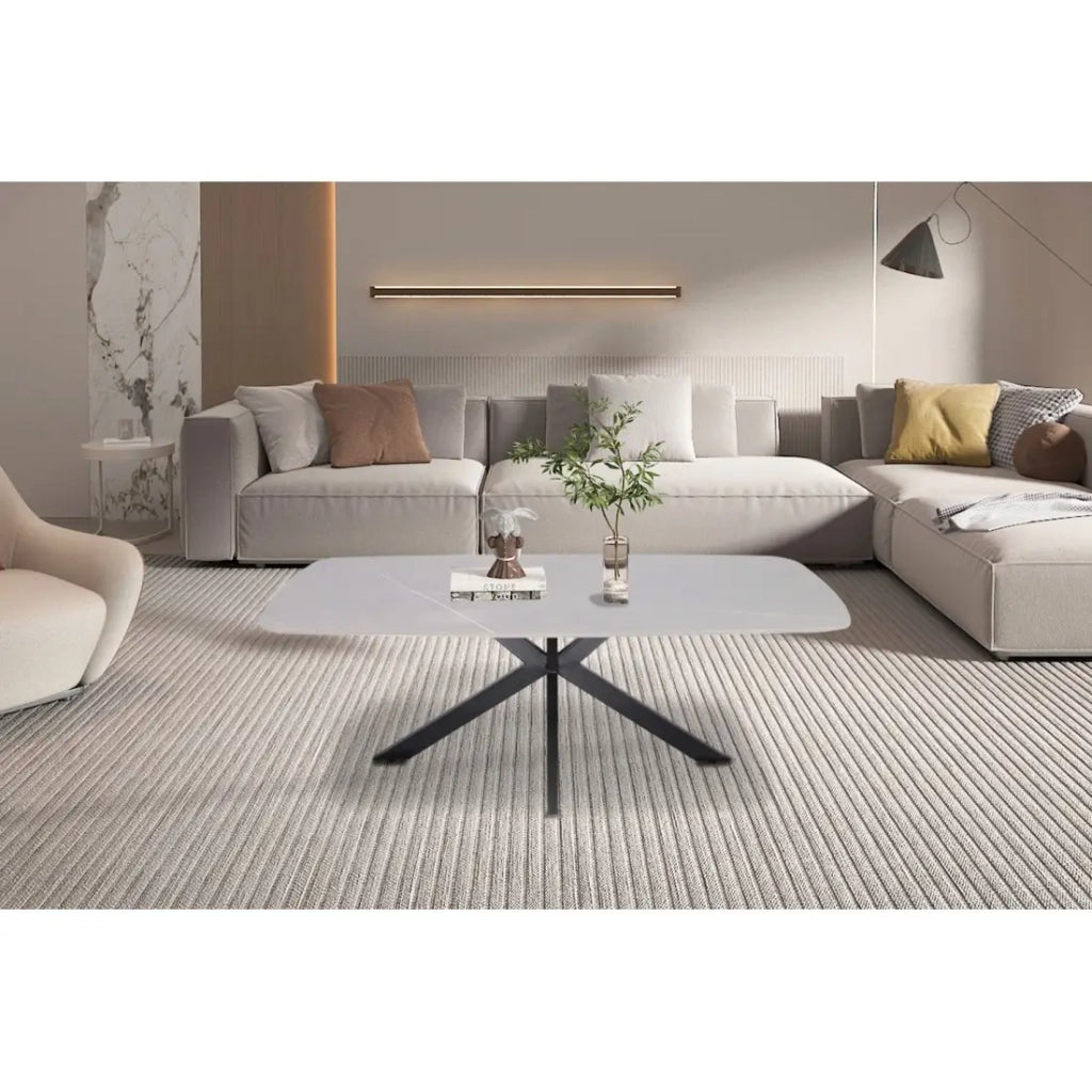 Table bassa ARVENA – Tavolino rettangolare 130x70 cm – Pietra grigia & metallo – Design contemporaneo e raffinato