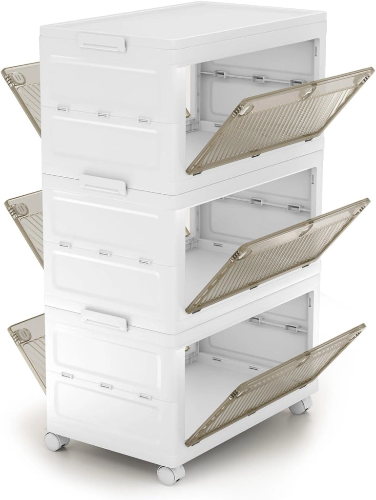 Comodino in Plastica Multipiano con Coperchio 126 L, Scatole Impilabili con 4 Ruote e Freni, Contenitori di Stoccaggio Pieghevole, per Soggiorno, Camera da Letto e Bagno, Bianco (3 Ripiani)