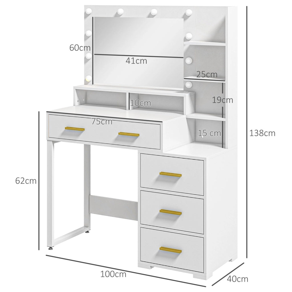 Tavolo da Trucco in Legno 100x40x138 cm con 4 Cassetti 6 Ripiani Aperti e Specchio Bianco
