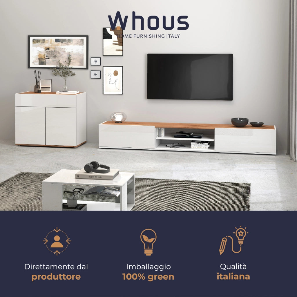 WHOUS Credenza Garda 2 ante e 1 cassetto bianco lucido e rovere 80,9x35x70 cm