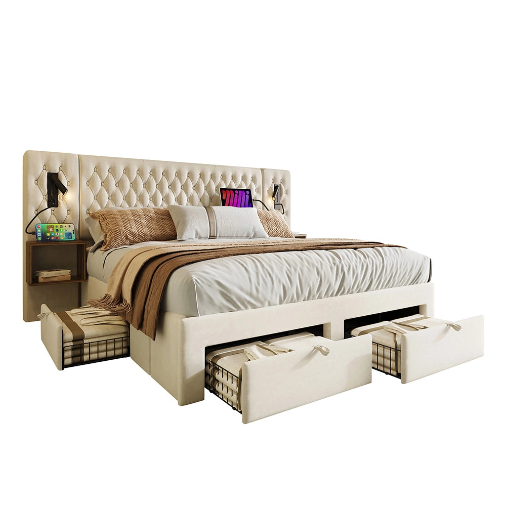 Letto con contenitore - Xylo - 160x200 cm - Beige - 2 comodini, 4 cassetti, USB