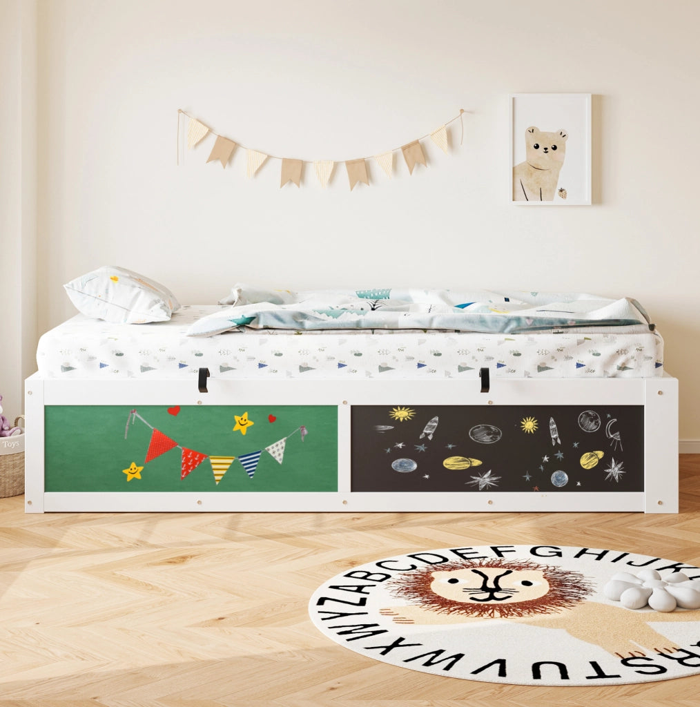 Letto per bambini multifunzione 90x200 cm con contenitore idraulico; lavagna e pannello in feltro; bianco