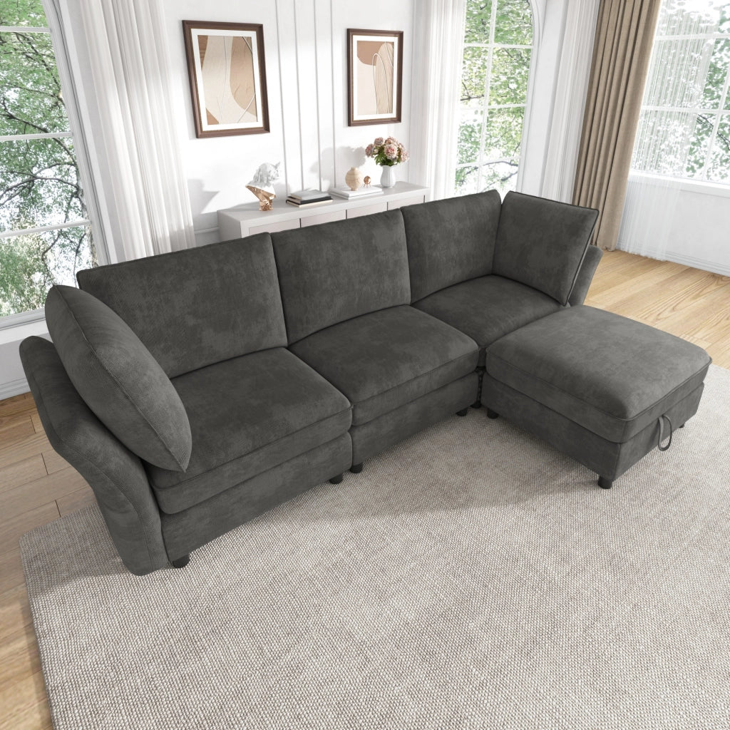 DIVANO Modulare L 225x137x84 cm Chenille Grigio con pouf e 2 cuscini