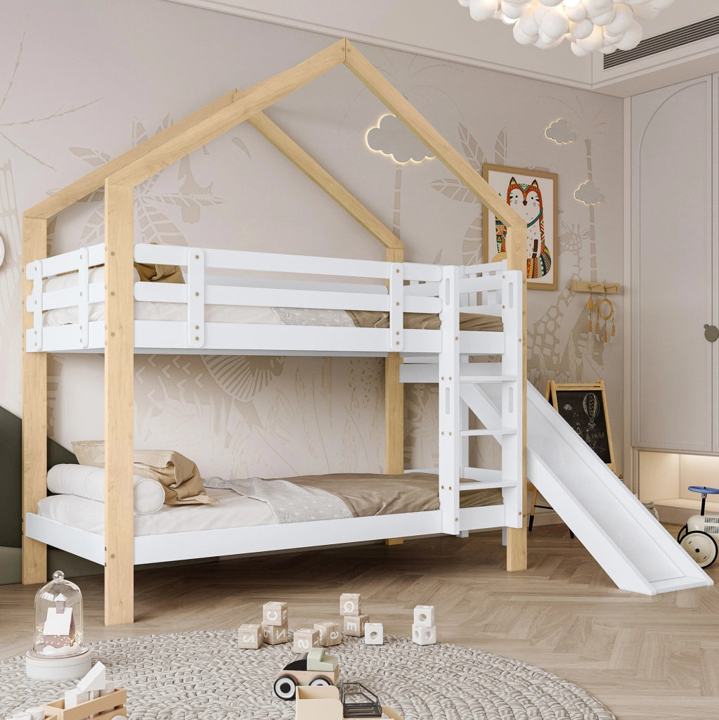 Letto a castello per bambini a casetta con scivolo 90x200 cm