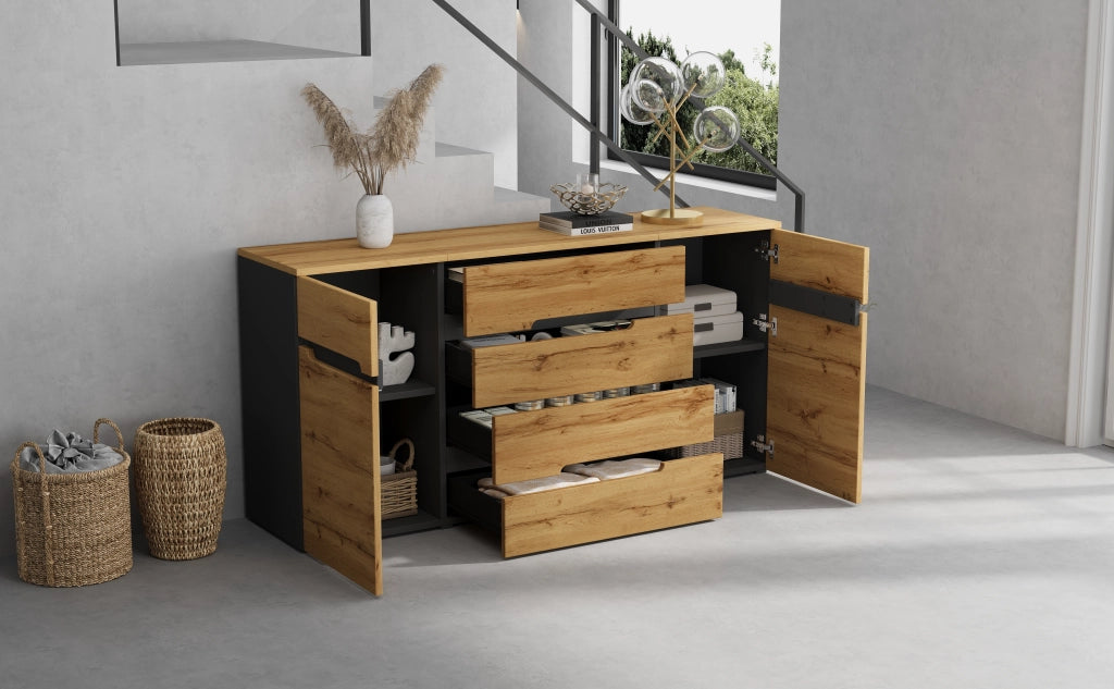 Credenza Soggiorno 160 cm Mobile Buffet 2 Ante 4 Cassetti Legno e Nero