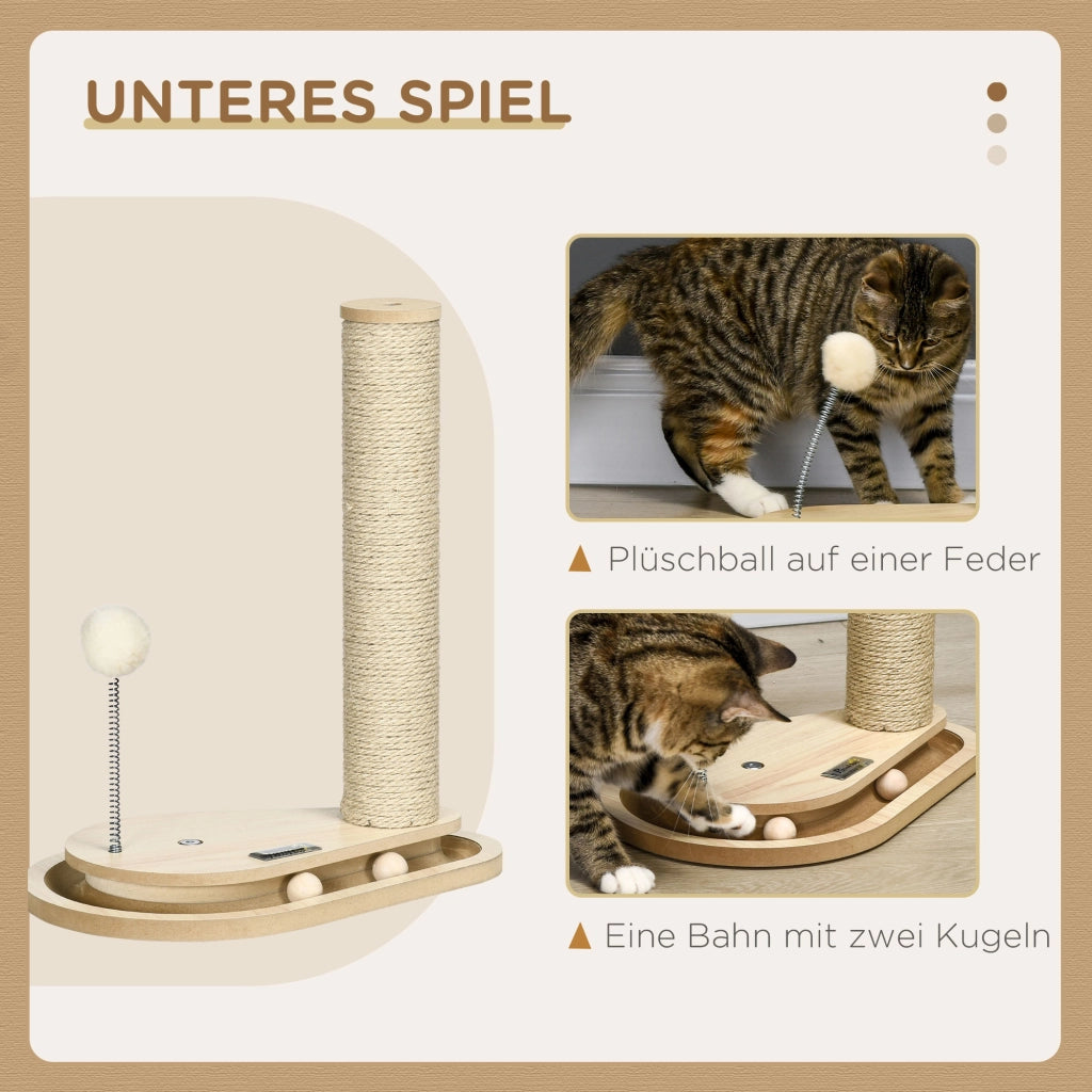 Tiragraffi per gattini con giocattoli e pista per palline ¨C Minimal ¨C 35x23x40 cm, naturale