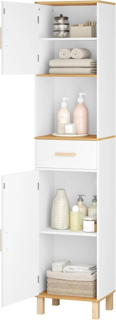 Mobile da Bagno Alto e Stretto, Armadio a Colonna da Bagno Salvaspazio in Legno MDF Mobiletto, Mobile Multiuso con 2 Ante, 1 Cassetto e 1 Vano Aperto, Bianco, 40x30x180cm