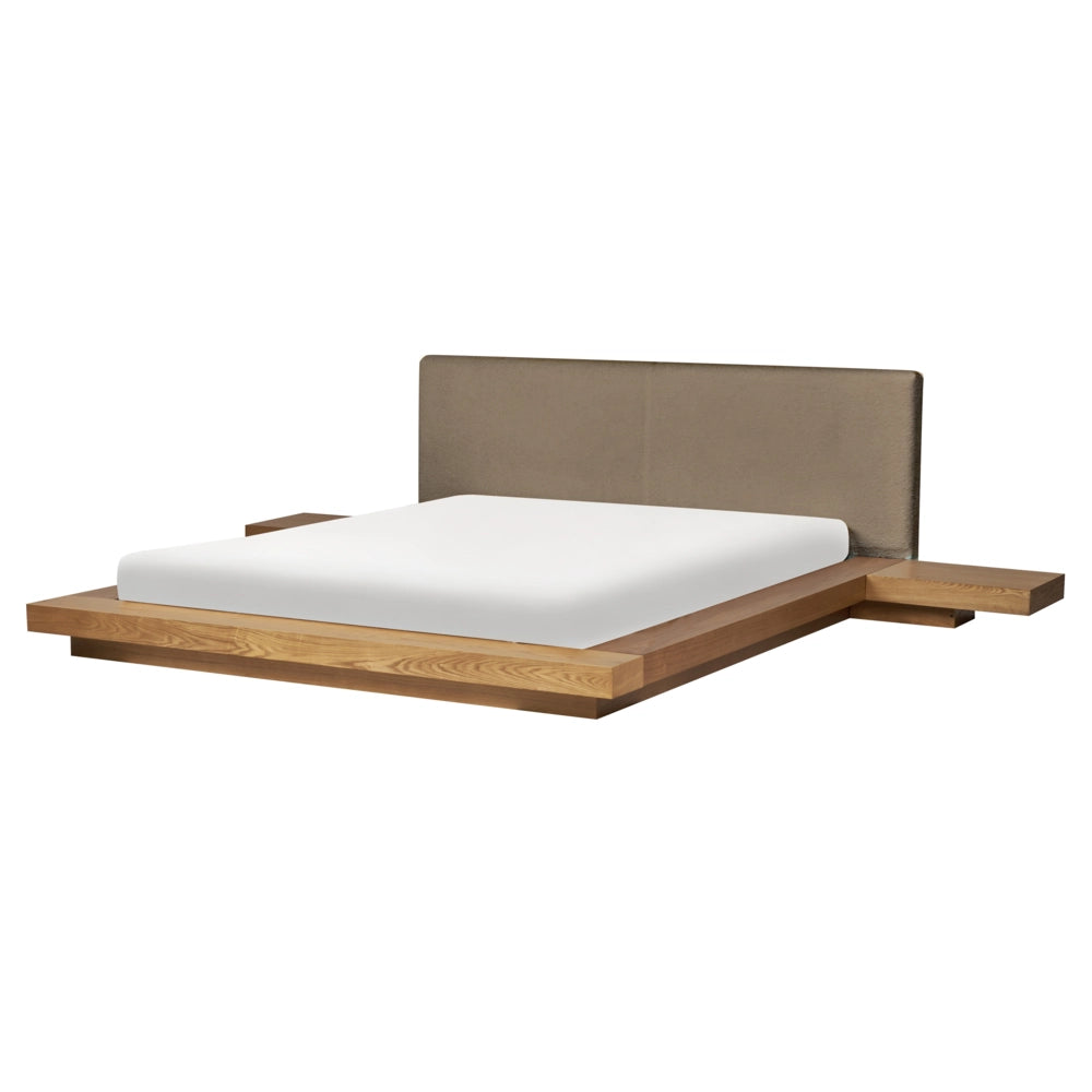 Letto in stile giapponese in frassino naturale 160 x 200 cm con testiera bassa in bouclé e impiallacciatura per camera da letto