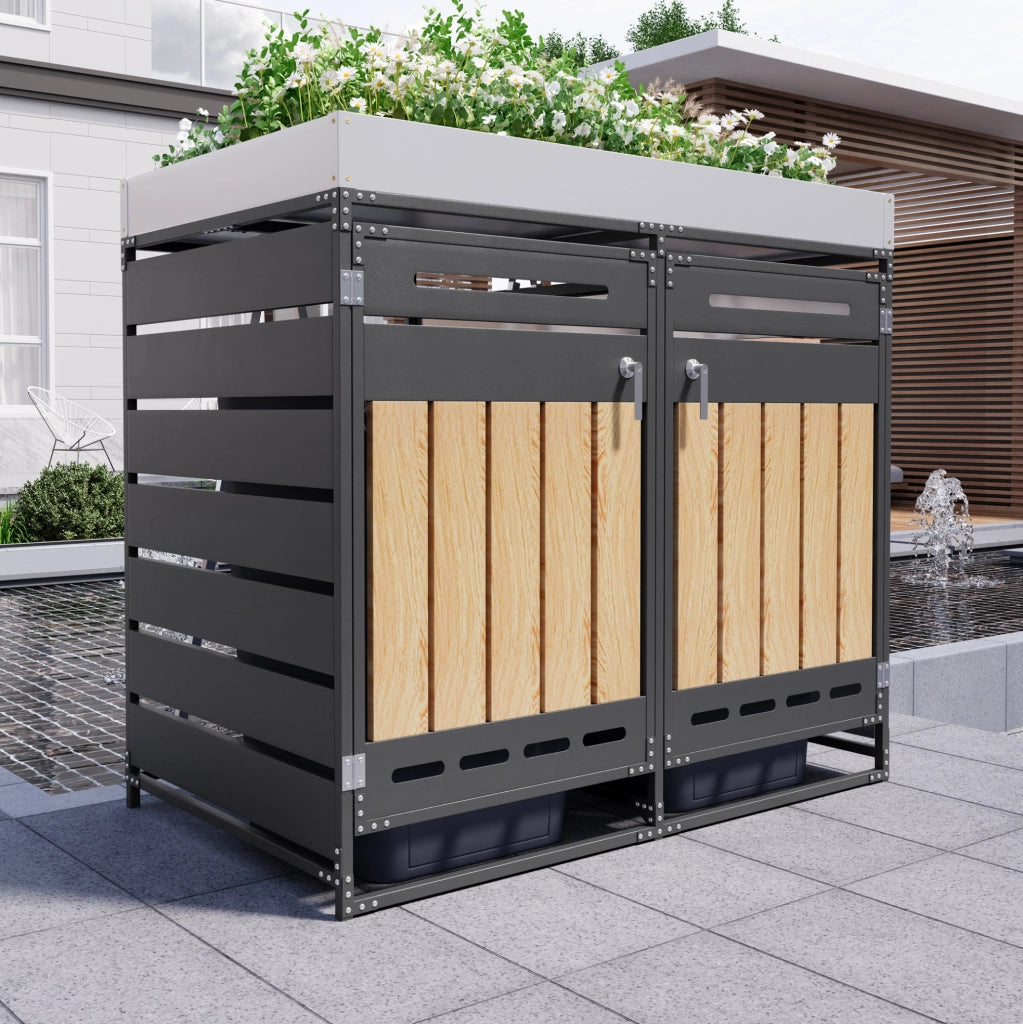 Contenitore per rifiuti con fioriera integrata 131x79x120 cm; nero in ferro