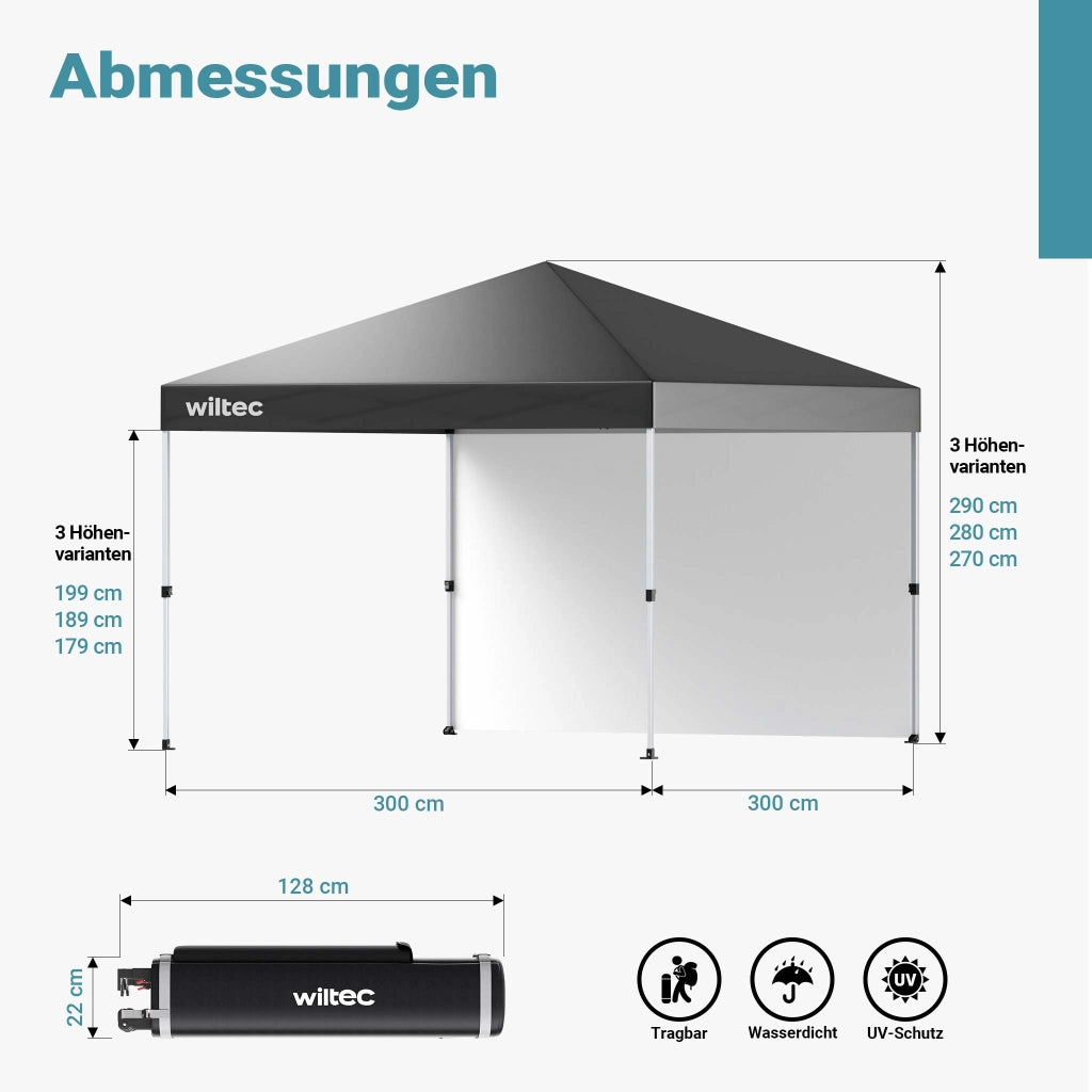 Gazebo pieghevole 3 x 3 m grigio con ruote, con tecnologia "One Push", da giardino con protezione UV 50+, per campeggio