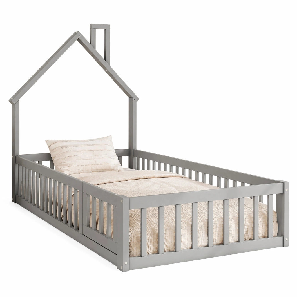 Letto casa per bambini 90x200 cm con sponde; forma camino; in pino e MDF; grigio