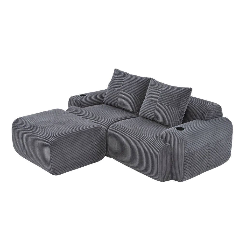 Divano modulare 2 posti con pouf; portabicchieri e tasca laterale; velluto a coste grigio scuro