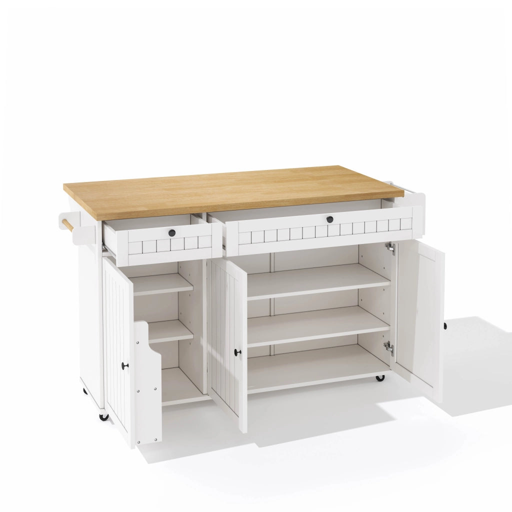 Isola da Cucina Mobile 137x45/70x89,5 cm Bianca e Legno con Piano Ribaltabile, 2 Cassetti e 6 Ruote