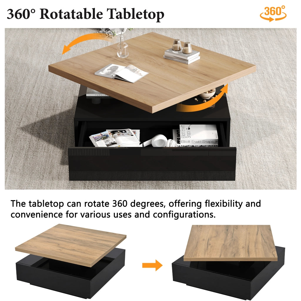 Tavolino basso con piano girevole a 360° e vano contenitore, per soggiorno, in truciolare, noce e nero, 70 × 70 × 36 cm