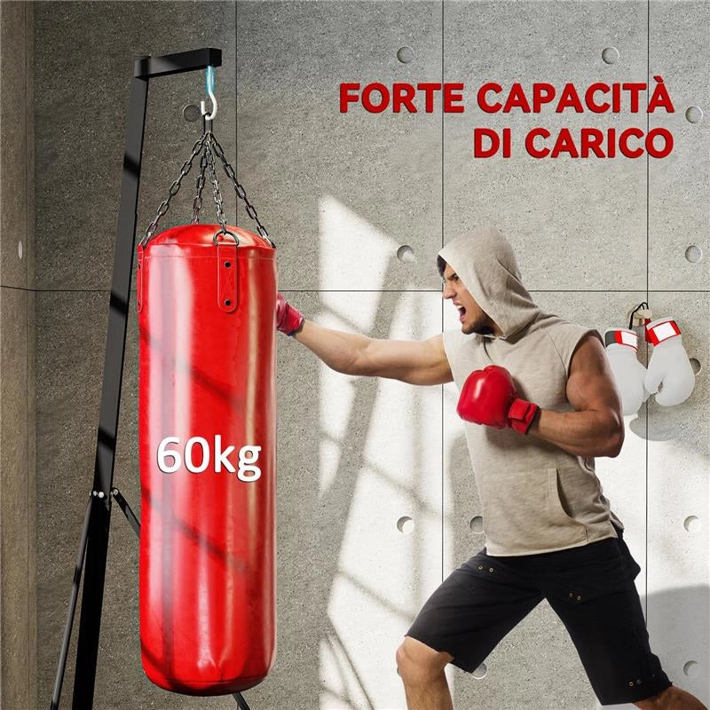 SUPPORTO SACCO DA BOXE REGOLABILE IN ALTEZZA E AUTOPORTANTE CON BASE TRIANGOLARE, 170X90X182-225 CM, NERO
