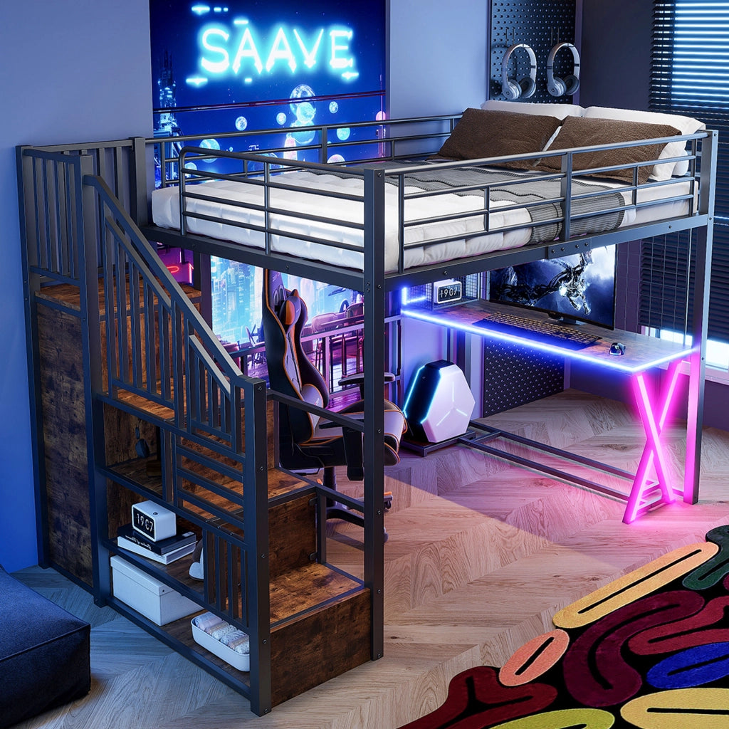 Letto a Soppalco Letto Matrimoniale con LED; Scrivania; Armadio; Scala Contenitore e Scaffali; 140 x 200 cm; senza Materasso