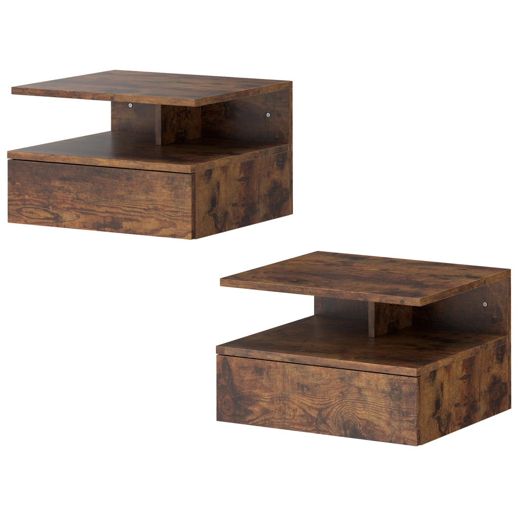 Set di 2 Comodini Sospesi con Cassetto e Mensola Aperta, 35x32x22.5 cm, Marrone Rustico