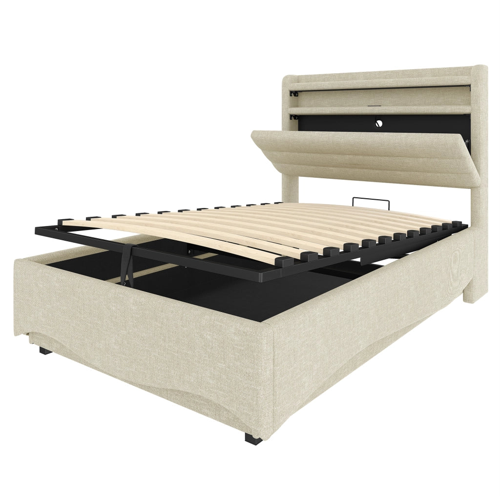 Letto imbottito 90x200 cm con LED; contenitore idraulico; porte USB e USB-C; beige