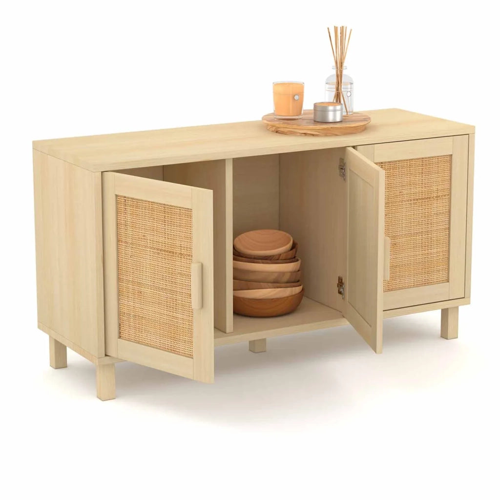 IDMarket - 113 cm ELIN Credenza bassa vintage a 3 ante con effetto canna naturale