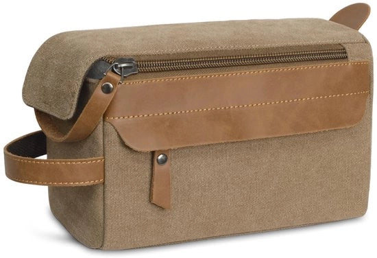 Borse da bagno per uomini, borse da bagno in pelle, contenitori da trucco e rasoi impermeabili con ganci e divisori, borse da bagno organizzate per viaggi e viaggi d'affari, marrone