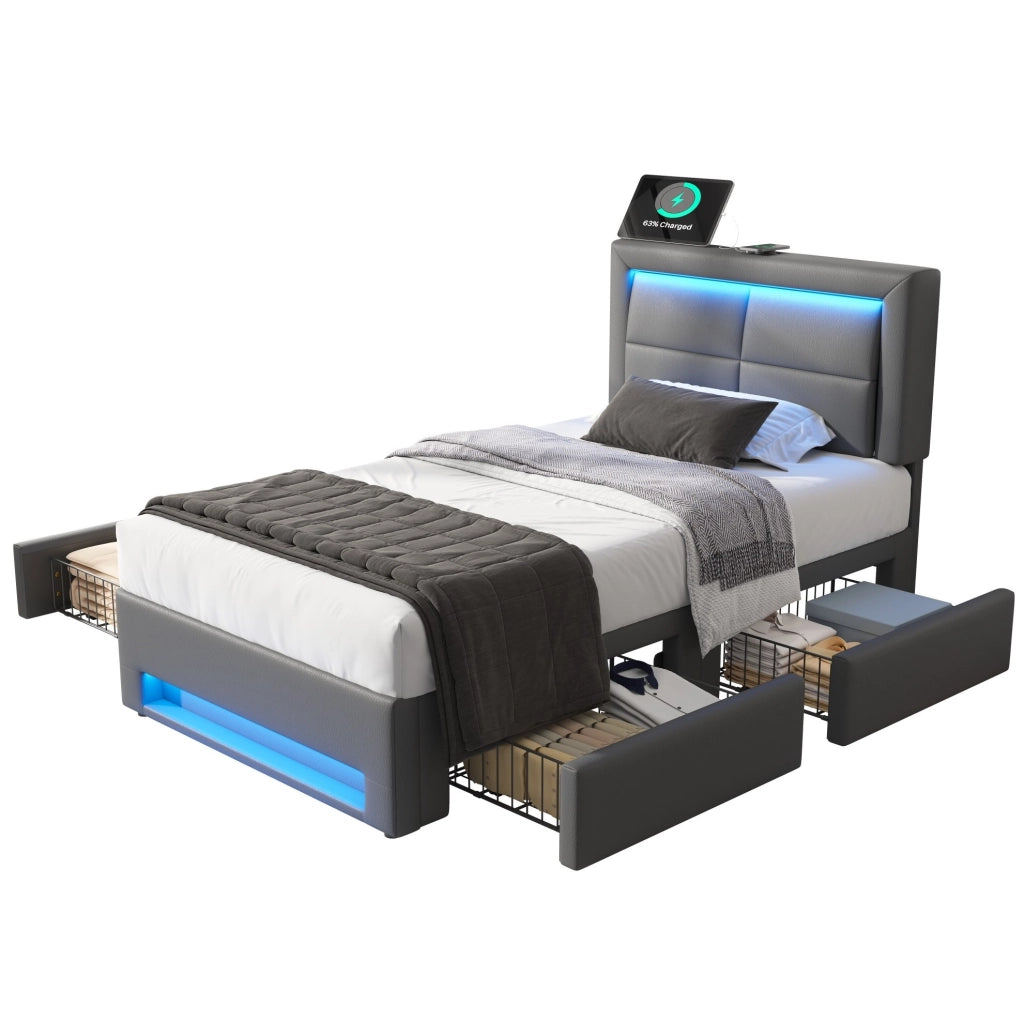 Letto imbottito 90x200 cm con LED; ricarica USB cablata e wireless; 4 cassetti; similpelle grigia