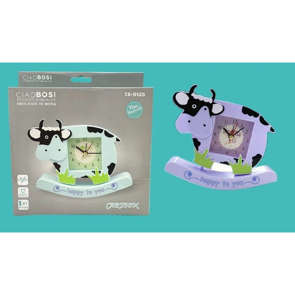 Trade Shop - Orologio Analogico Sveglia A Forma Di Mucca Da Tavolo Cameretta Bambini Tx-9125 -