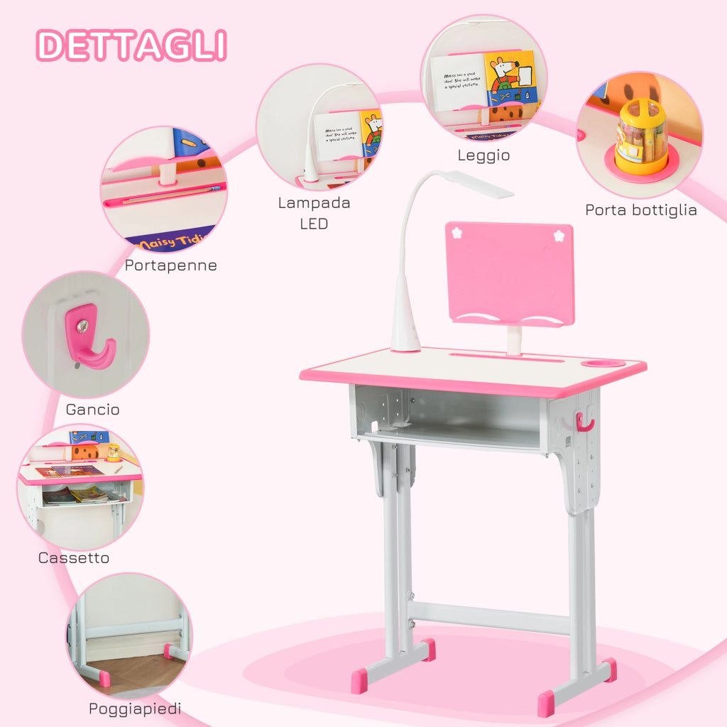 EasyComfort Set Scrivania e Sedia per Bambini 6-12 Anni ad Altezza Regolabili, Banco Scuola con Lampada, Cassetto, Gancio, Portapenne e Leggio, Set Banco con Sedia per Bambini in Acciaio e MDF, Rosa