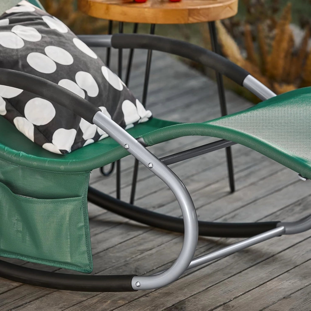 Set di 2 sedie a dondolo da esterno Poltrone sedie sdraio da giardino con cuscino e poggiatesta portata fino a 150 kg Verde Scuro OGS28-WDX2