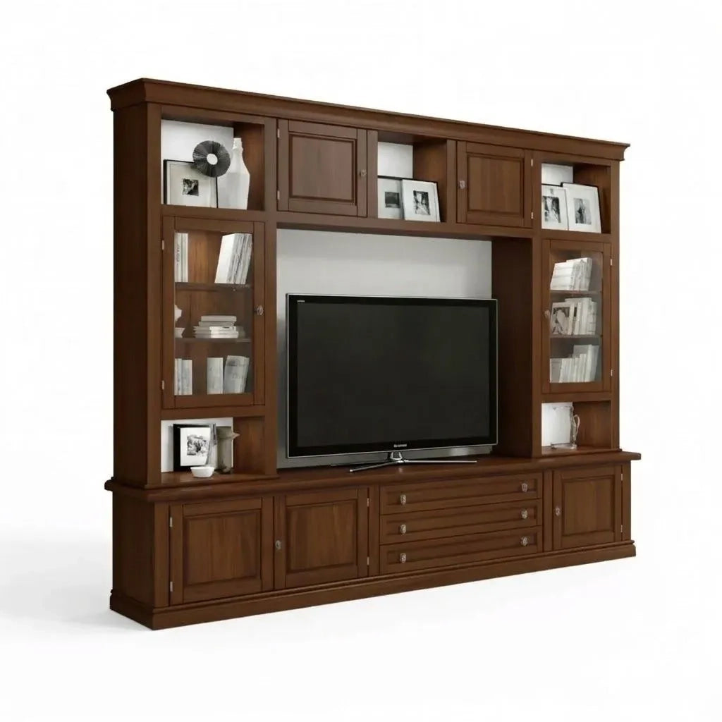 Parete attrezzata porta tv in legno tinta noce 243x50x227 - Mobili 2G