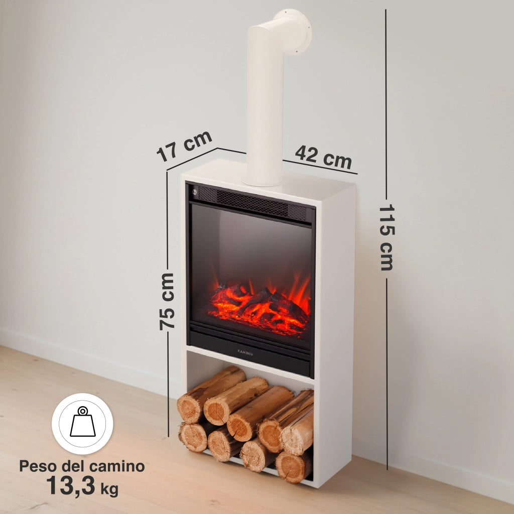 KAMINIO Camino elettrico HUGO con tubo del camino - Stufa elettrica riscaldamento, fiamma 3D, luce ambiente, scomparto de legno, telecomando - Bianco