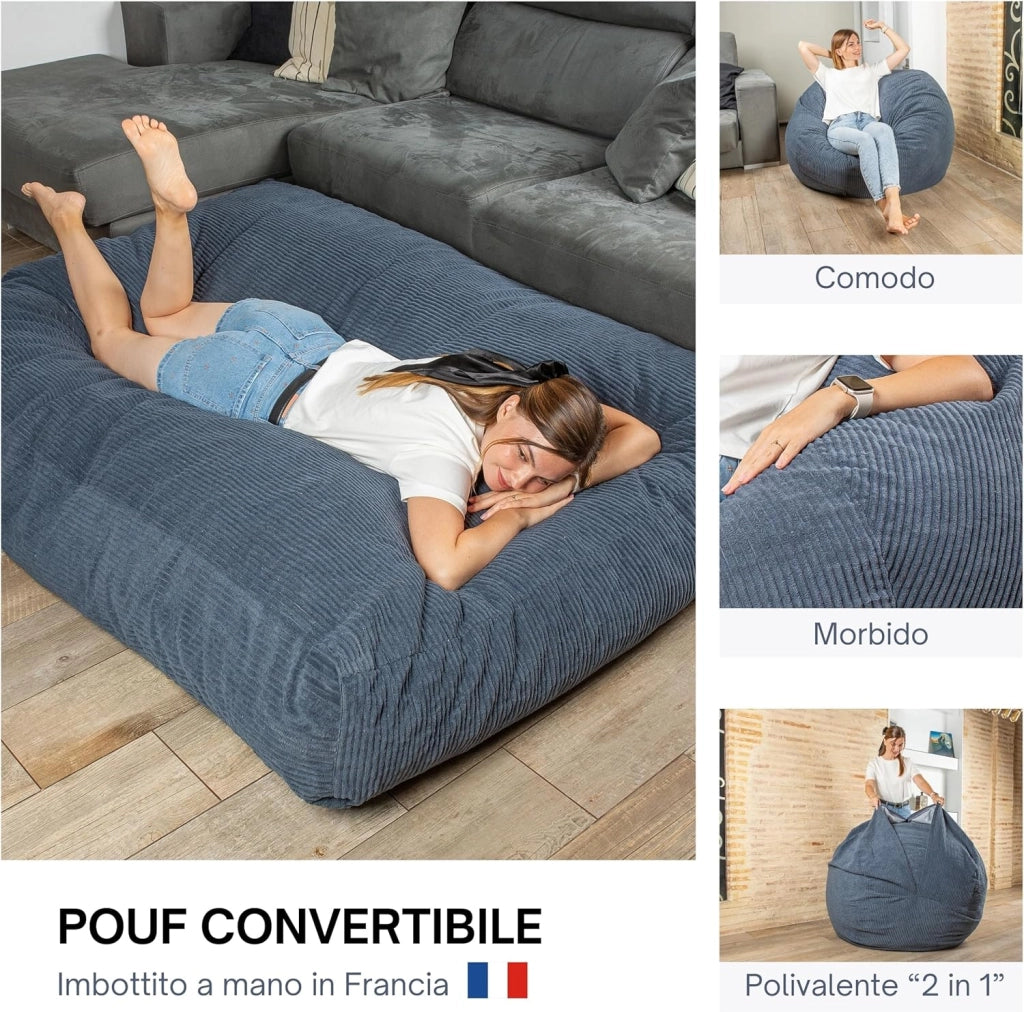 Pouf Poltrona Sacco Convertibile en Materasso/Futon Singolo Pieghevole 135x185 cm - Morbido, Tessuto di Velluto a Coste Larghe - Confortevole, Imbottitura in Schiuma (Blu Notte)
