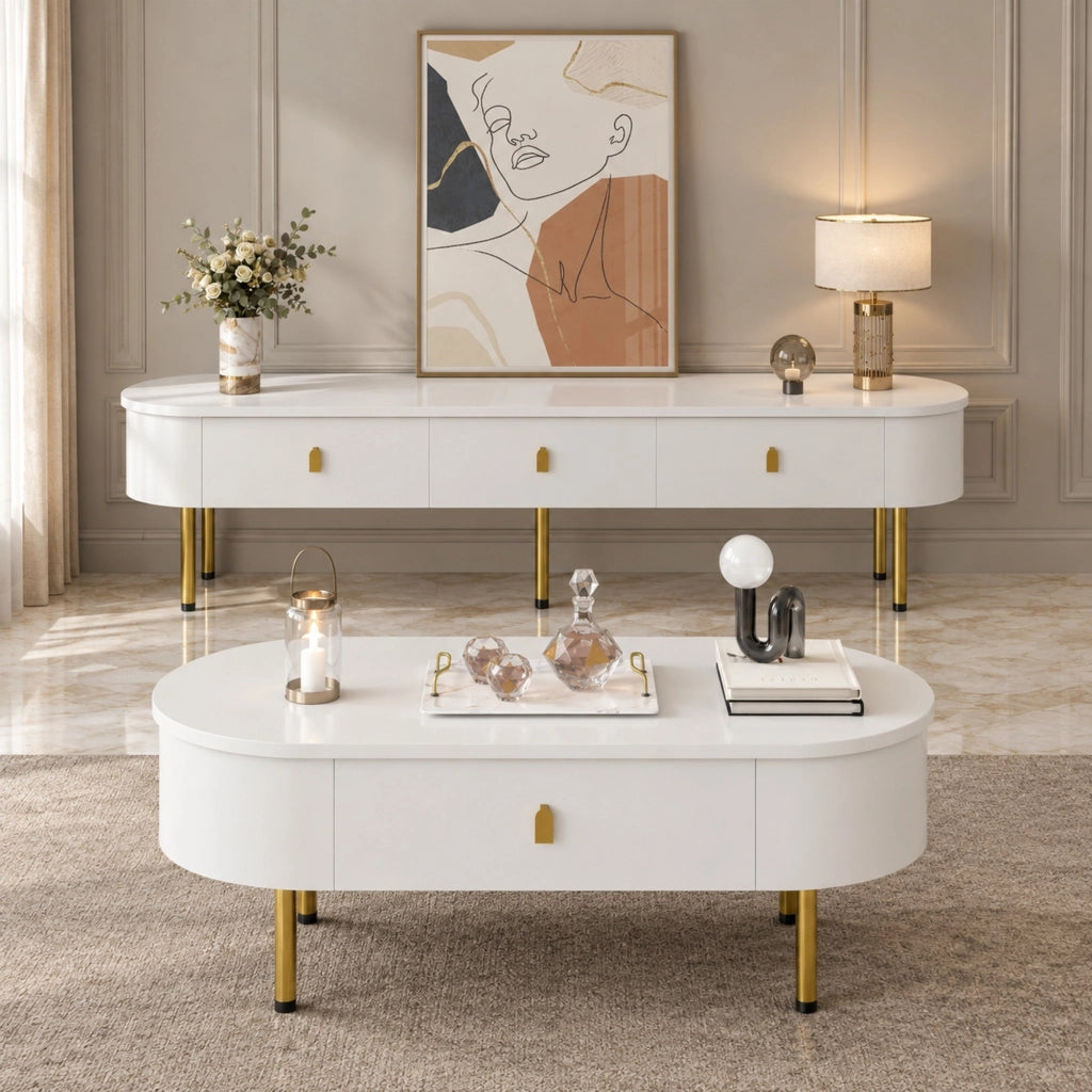 Set tavolino e mobile TV 174 cm bianco MDF, cassetti e bordi arrotondati