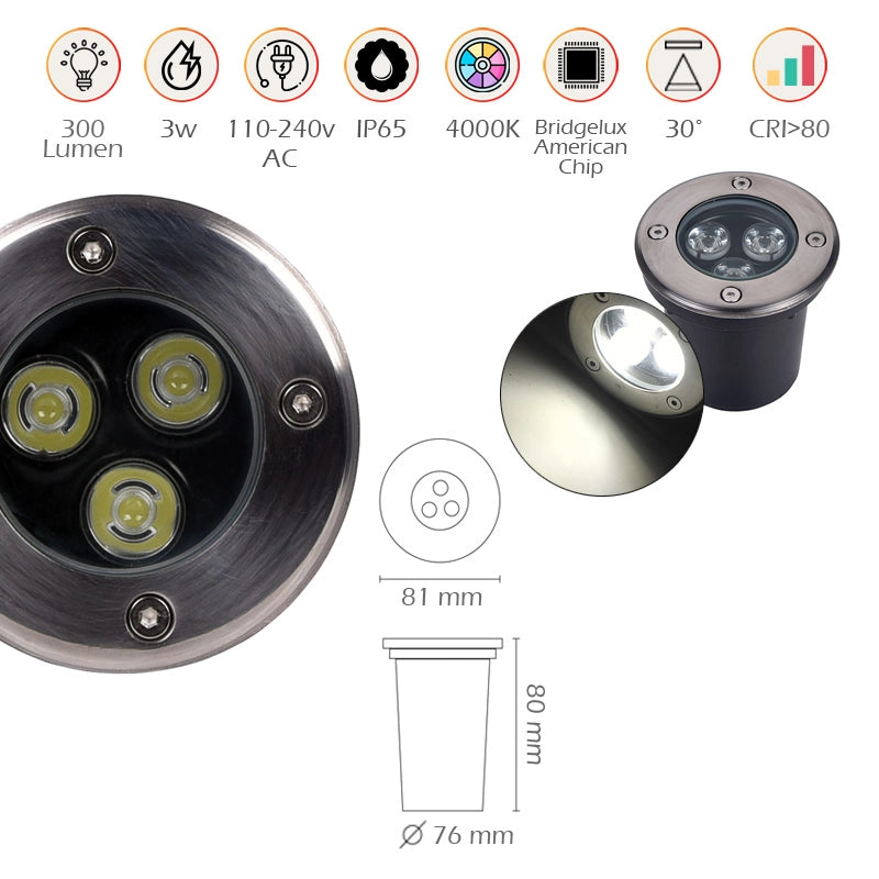 FARETTO LED SEGNAPASSO CALPESTABILE 3W LUCE NATURALE 4000K - IP65 IN ACCIAIO E VETRO TEMPERATO IDEALE PER VIALETTI GIARDINI E INGRESSI