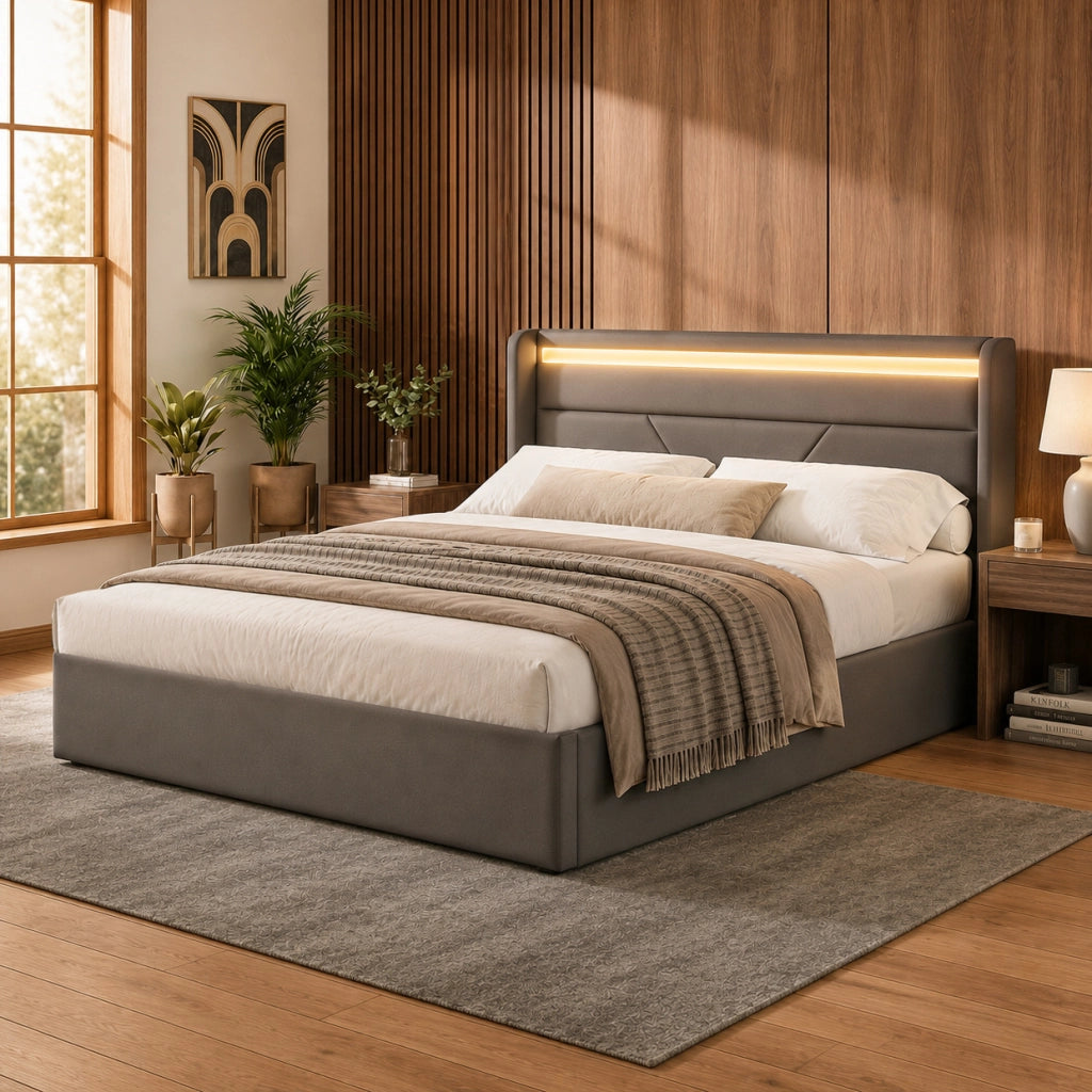 Letto imbottito con contenitore e illuminazione LED, 140x200 cm, grigio