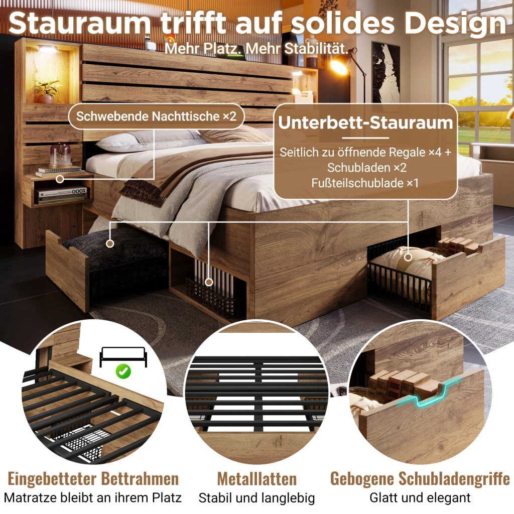 DESMIU Letto Matrimoniale 180 × 200 cm con cassetti, LED regolabile e USB Type C, senza materasso, in rovere