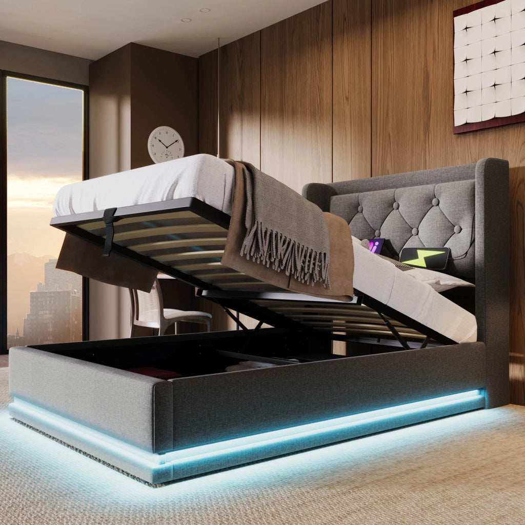 Letto Contenitore 140×200 cm; Letto Matrimoniale con USB; LED Regolabile e Mensola; senza Materasso